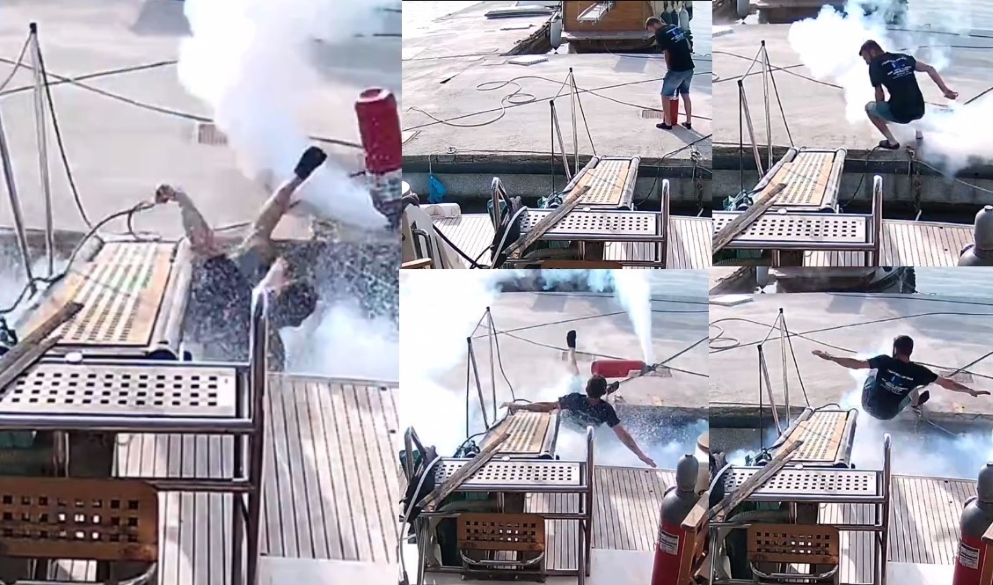 Ενεργοποίηση πυροσβεστήρα στην μαρίνα του Βόλου ρίχνει νεαρό στην θάλασσα (pics & vid)